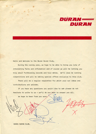 Autographed Duran Duran Club welcome letter